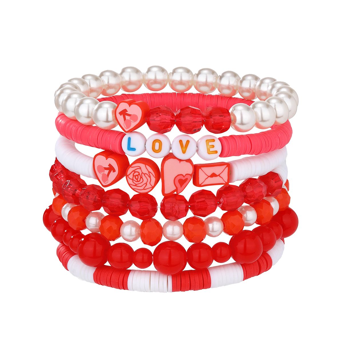 7 Pieces Valentine's Day Soft Ceramic Artificial Crystal Cherry Heart Handmade Beaded Elastic Adjustable Fashion Bracelet Set