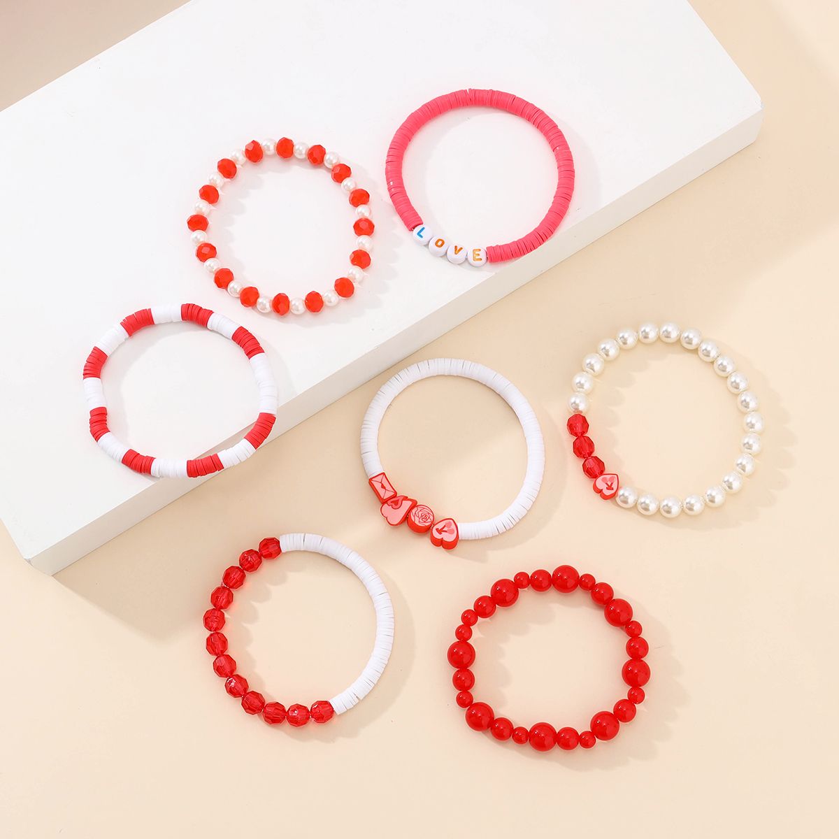 7 Pieces Valentine's Day Soft Ceramic Artificial Crystal Cherry Heart Handmade Beaded Elastic Adjustable Fashion Bracelet Set