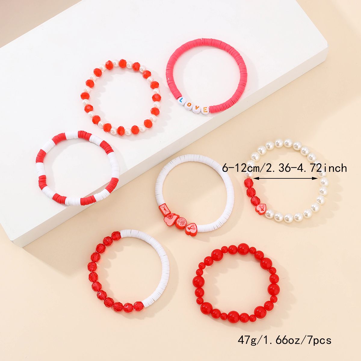 7 Pieces Valentine's Day Soft Ceramic Artificial Crystal Cherry Heart Handmade Beaded Elastic Adjustable Fashion Bracelet Set