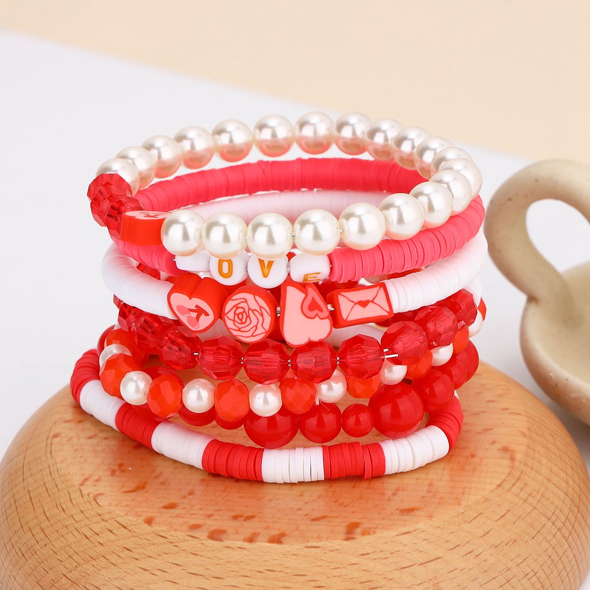 7 Pieces Valentine's Day Soft Ceramic Artificial Crystal Cherry Heart Handmade Beaded Elastic Adjustable Fashion Bracelet Set