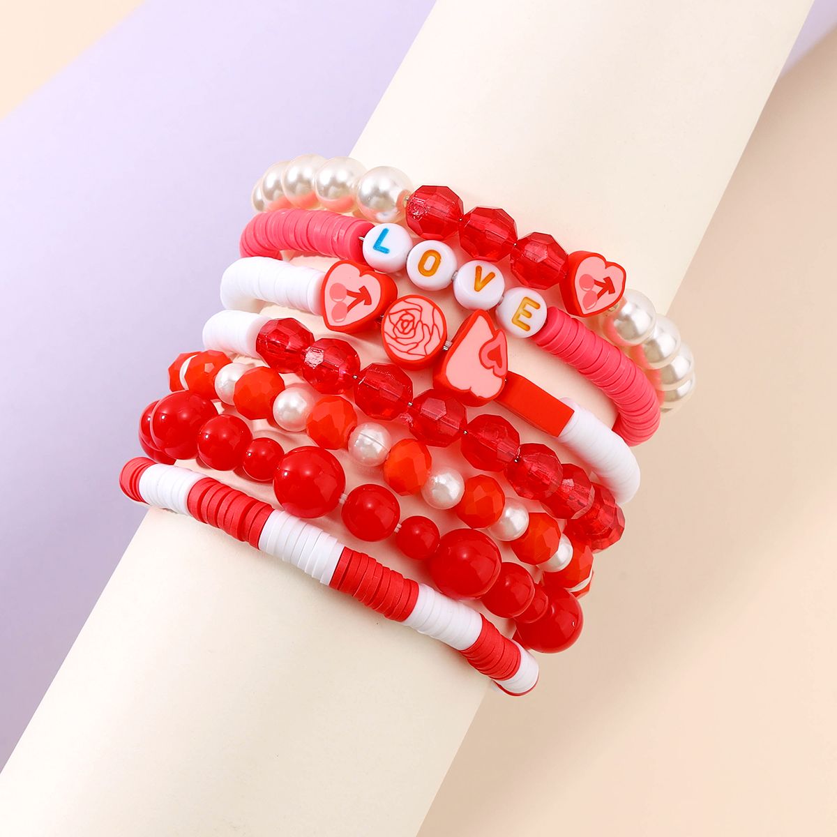 7 Pieces Valentine's Day Soft Ceramic Artificial Crystal Cherry Heart Handmade Beaded Elastic Adjustable Fashion Bracelet Set