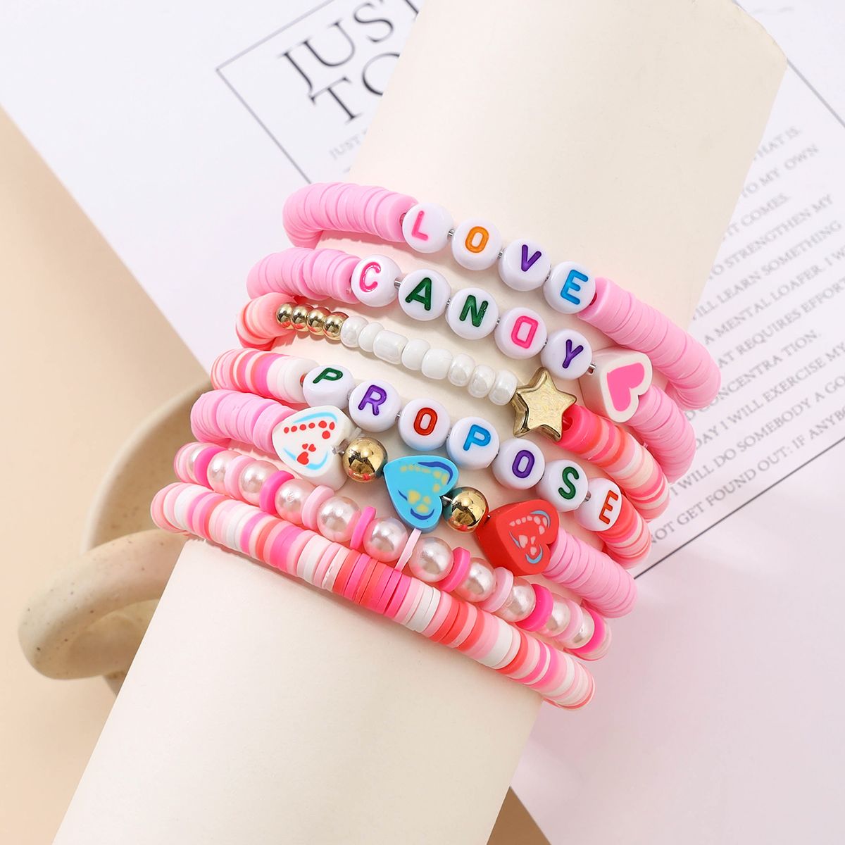 7 Pieces Valentine's Day Soft Ceramic Zinc Alloy Heart Alphabet Handmade Beaded Elastic Adjustable Fashion Bracelet Set