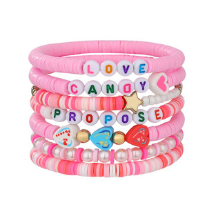 7 Pieces Valentine's Day Soft Ceramic Zinc Alloy Heart Alphabet Handmade Beaded Elastic Adjustable Fashion Bracelet Set