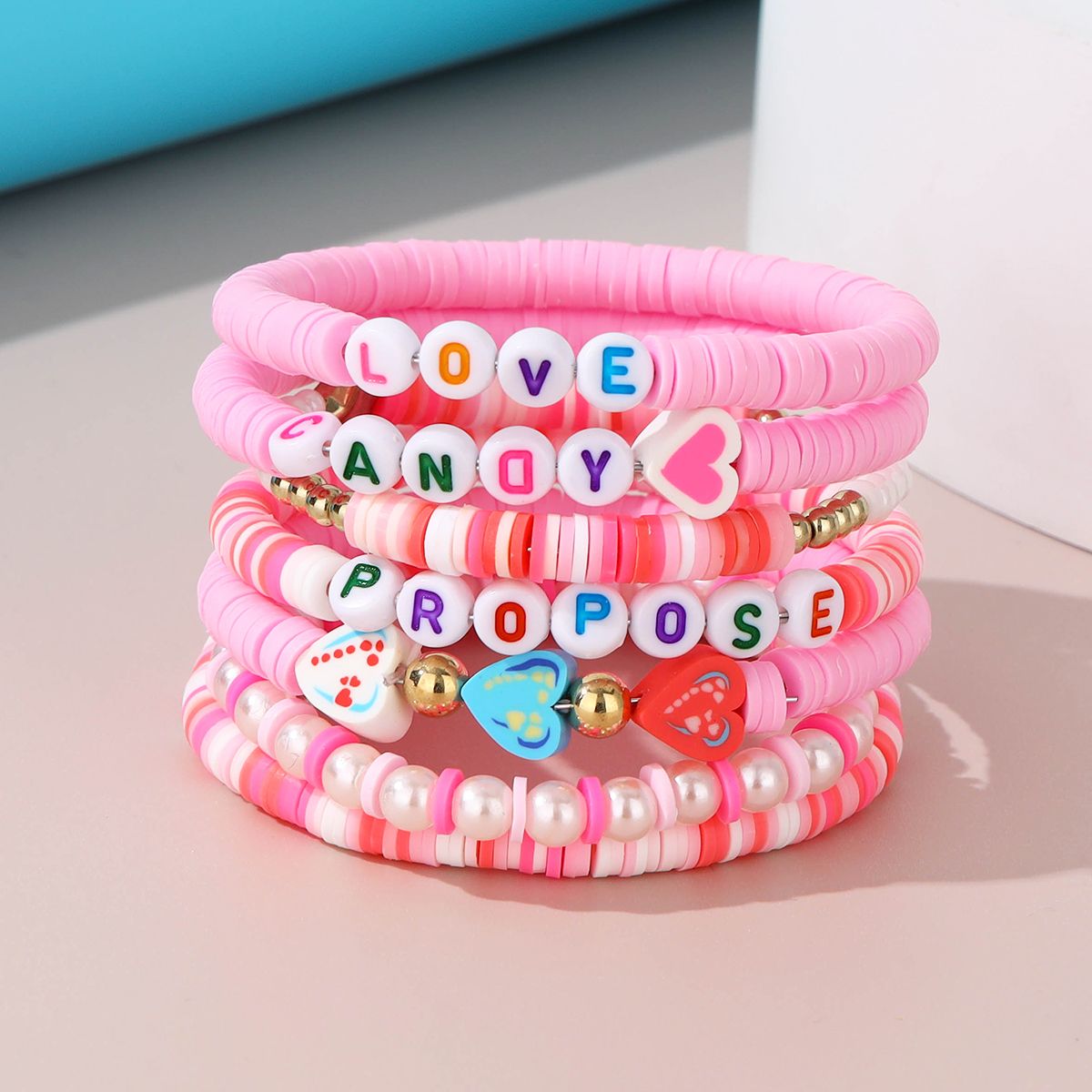 7 Pieces Valentine's Day Soft Ceramic Zinc Alloy Heart Alphabet Handmade Beaded Elastic Adjustable Fashion Bracelet Set