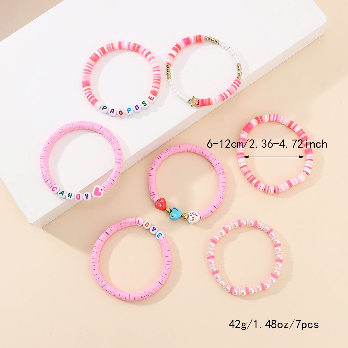 7 Pieces Valentine's Day Soft Ceramic Zinc Alloy Heart Alphabet Handmade Beaded Elastic Adjustable Fashion Bracelet Set