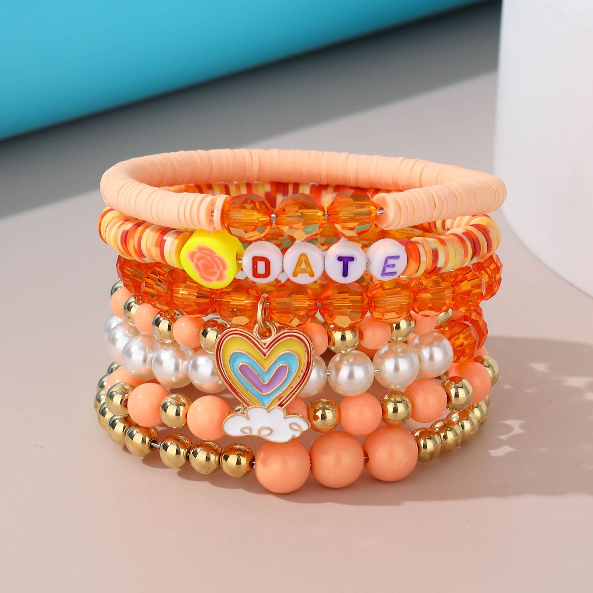 7 Pieces Valentine's Day Artificial Crystal Zinc Alloy Heart Handmade Beaded Elastic Adjustable Fashion Bracelet Set