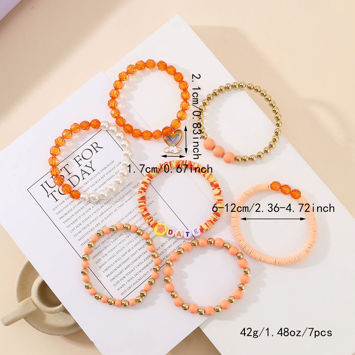 7 Pieces Valentine's Day Artificial Crystal Zinc Alloy Heart Handmade Beaded Elastic Adjustable Fashion Bracelet Set