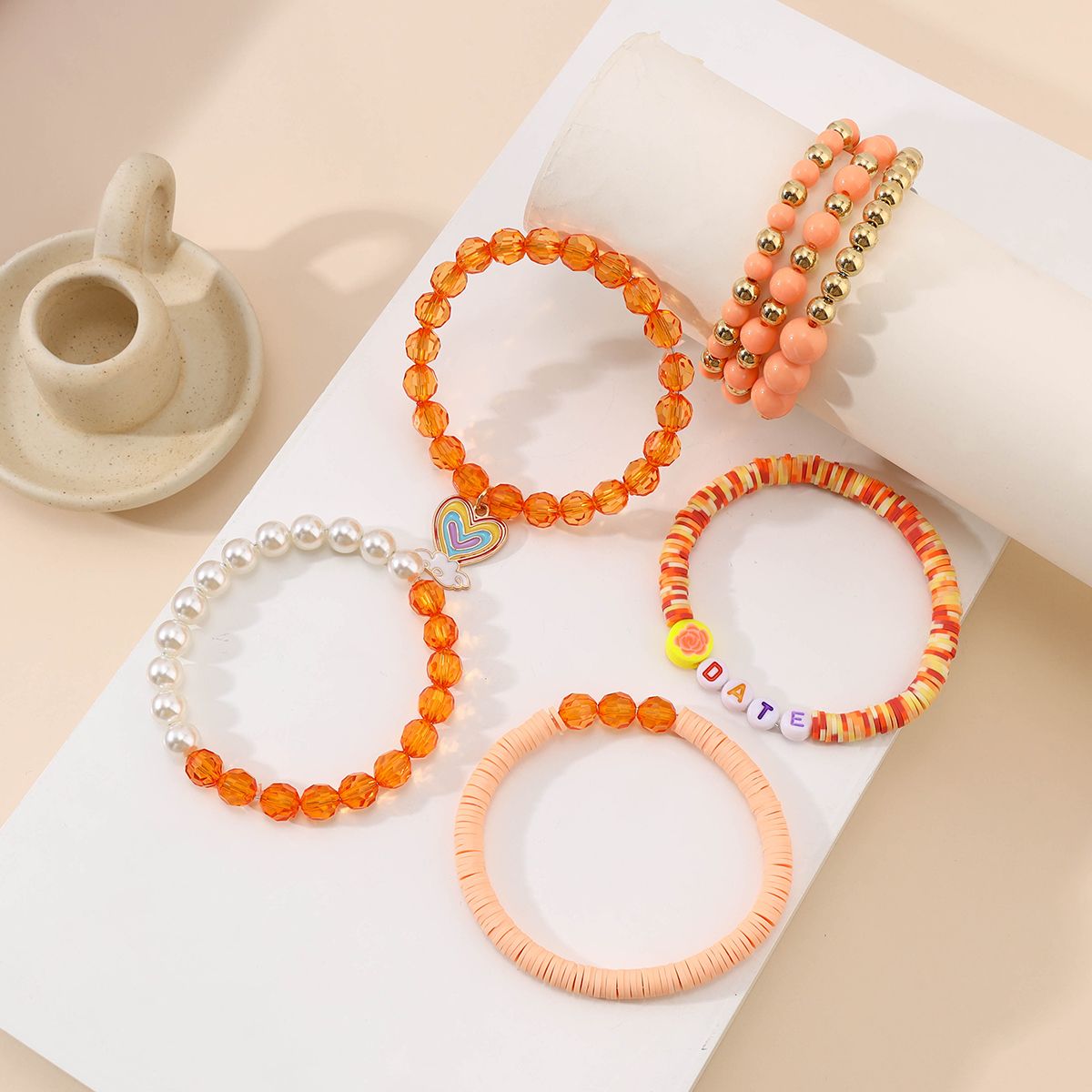 7 Pieces Valentine's Day Artificial Crystal Zinc Alloy Heart Handmade Beaded Elastic Adjustable Fashion Bracelet Set