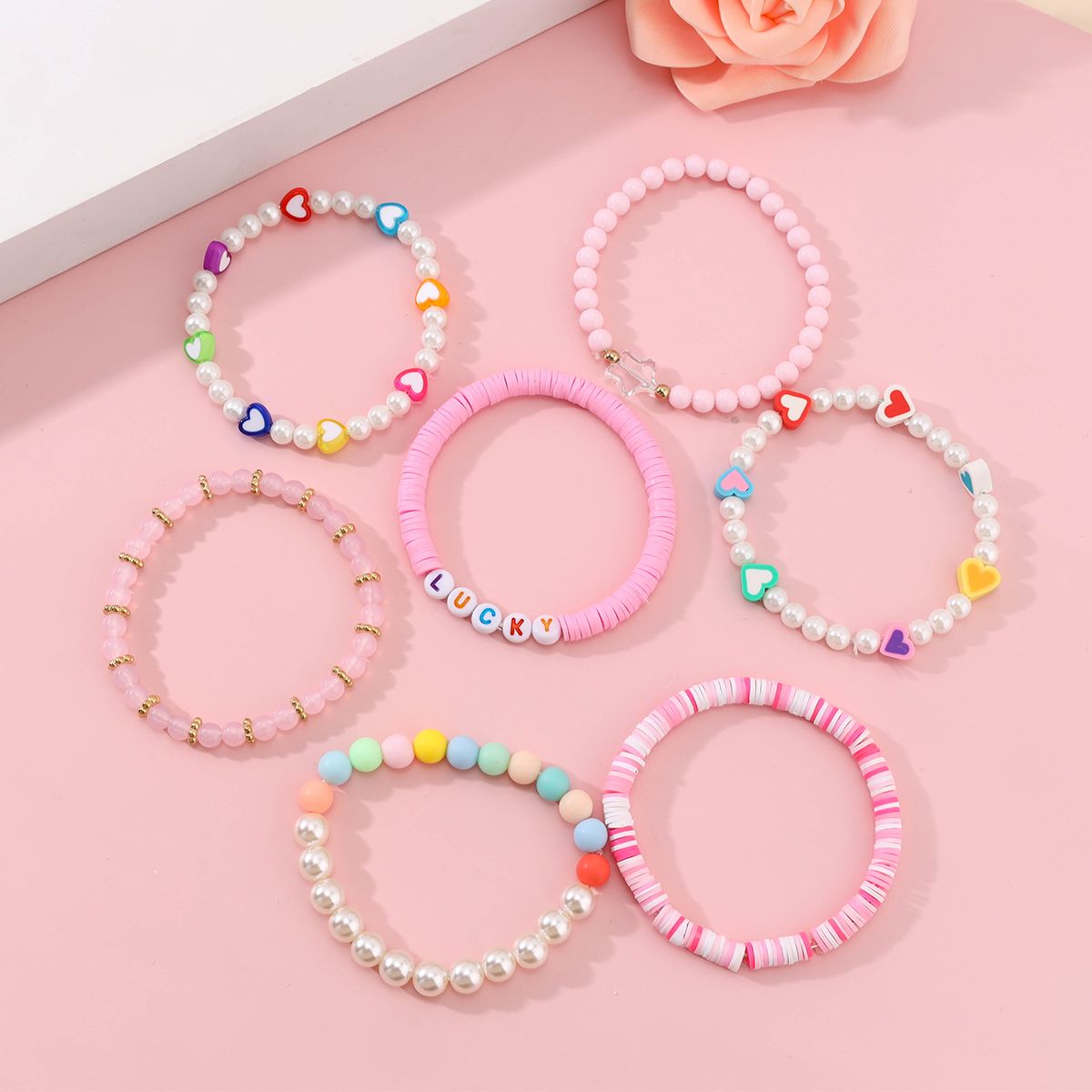 7 Pieces Valentine's Day Artificial Crystal Soft Ceramic Heart Handmade Beaded Elastic Adjustable Fashion Bracelet Set