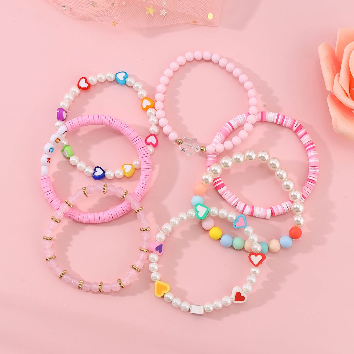 7 Pieces Valentine's Day Artificial Crystal Soft Ceramic Heart Handmade Beaded Elastic Adjustable Fashion Bracelet Set