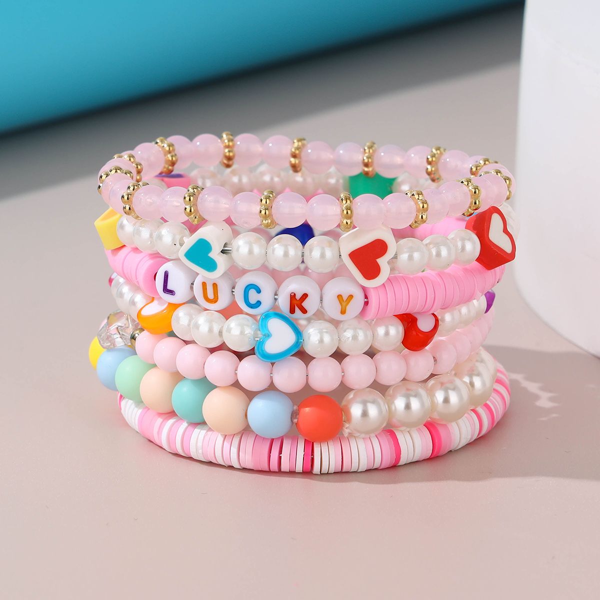 7 Pieces Valentine's Day Artificial Crystal Soft Ceramic Heart Handmade Beaded Elastic Adjustable Fashion Bracelet Set