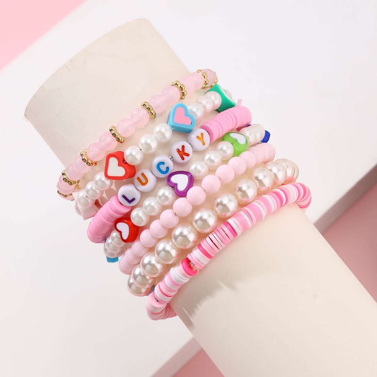 7 Pieces Valentine's Day Artificial Crystal Soft Ceramic Heart Handmade Beaded Elastic Adjustable Fashion Bracelet Set