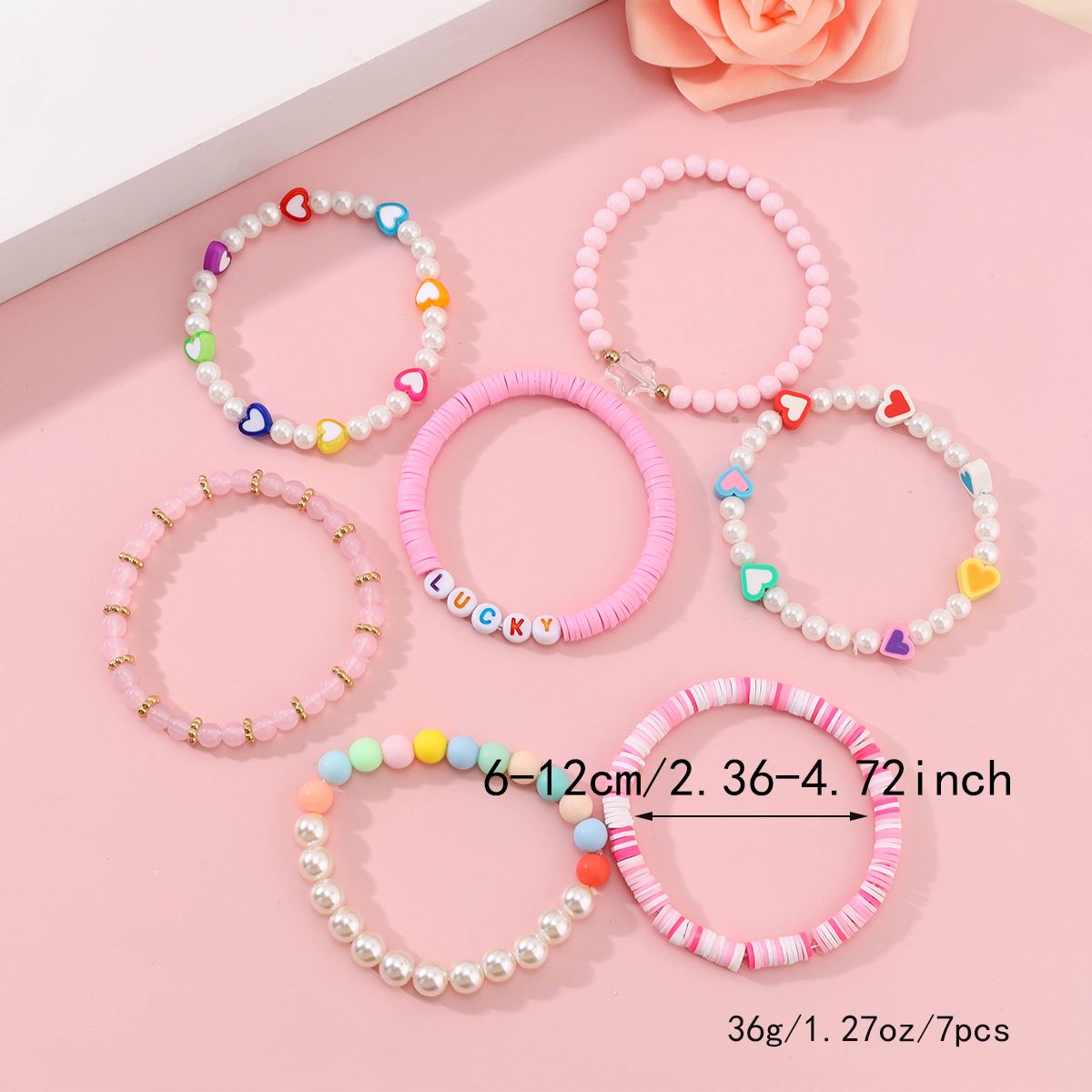 7 Pieces Valentine's Day Artificial Crystal Soft Ceramic Heart Handmade Beaded Elastic Adjustable Fashion Bracelet Set