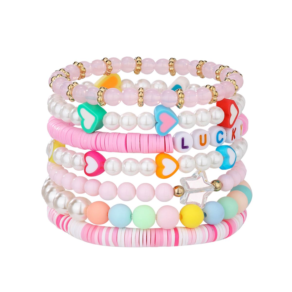 7 Pieces Valentine's Day Artificial Crystal Soft Ceramic Heart Handmade Beaded Elastic Adjustable Fashion Bracelet Set