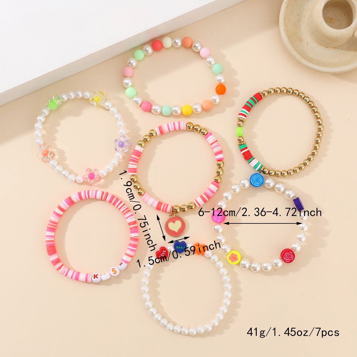 7 Pieces Valentine's Day Soft Ceramic Zinc Alloy Heart Handmade Beaded Elastic Adjustable Fashion Bracelet Set