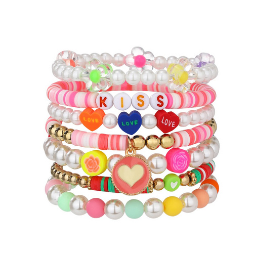 7 Pieces Valentine's Day Soft Ceramic Zinc Alloy Heart Handmade Beaded Elastic Adjustable Fashion Bracelet Set