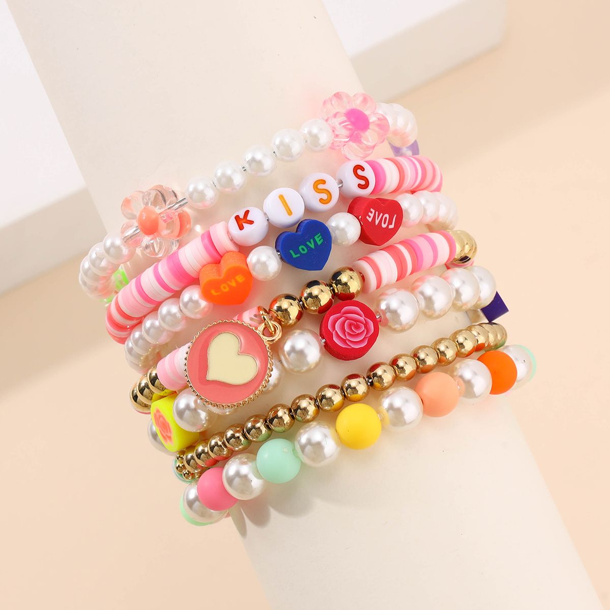 7 Pieces Valentine's Day Soft Ceramic Zinc Alloy Heart Handmade Beaded Elastic Adjustable Fashion Bracelet Set