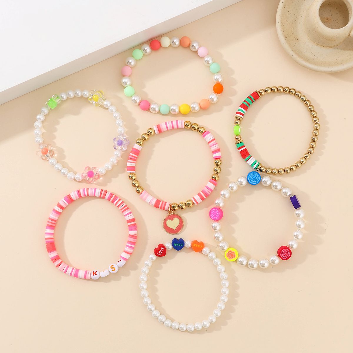 7 Pieces Valentine's Day Soft Ceramic Zinc Alloy Heart Handmade Beaded Elastic Adjustable Fashion Bracelet Set