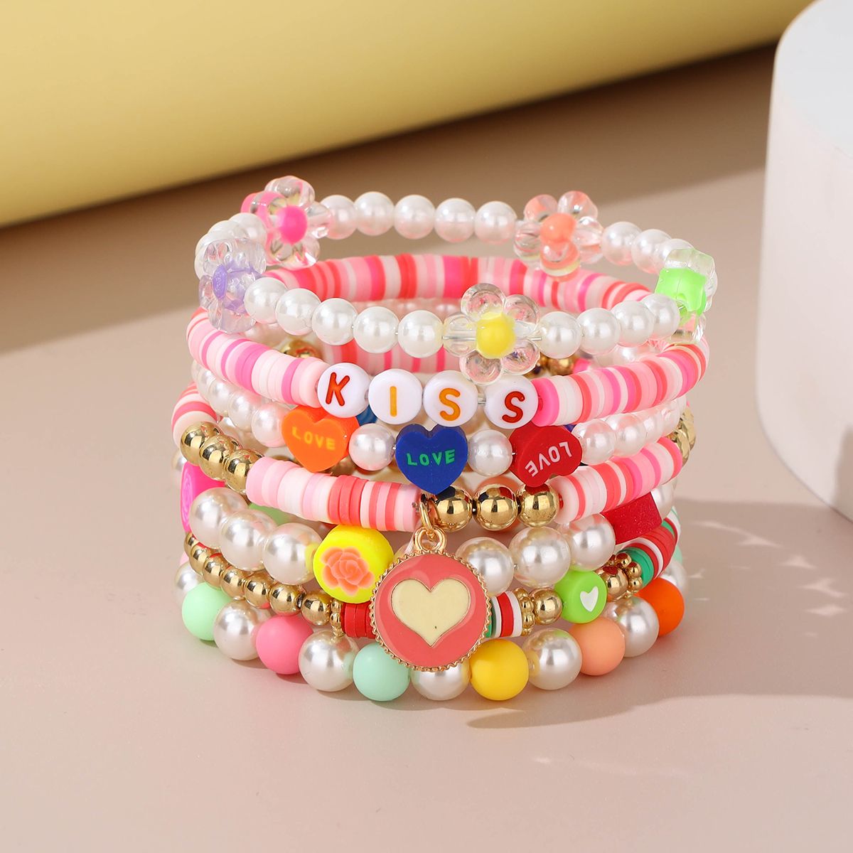 7 Pieces Valentine's Day Soft Ceramic Zinc Alloy Heart Handmade Beaded Elastic Adjustable Fashion Bracelet Set