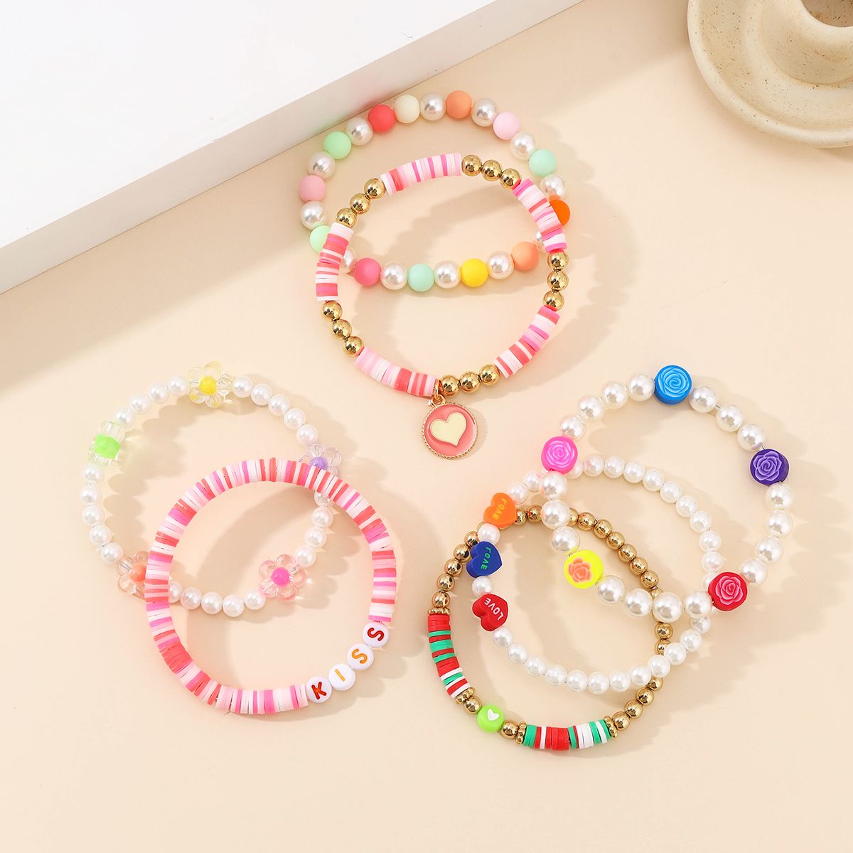 7 Pieces Valentine's Day Soft Ceramic Zinc Alloy Heart Handmade Beaded Elastic Adjustable Fashion Bracelet Set