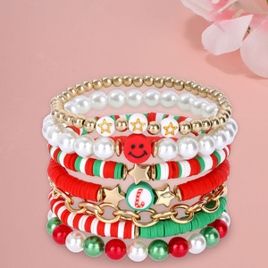 7 Pieces Christmas Soft Ceramic Zinc Alloy Smiley Star Handmade Beaded Elastic Adjustable Fashion Bracelet Set