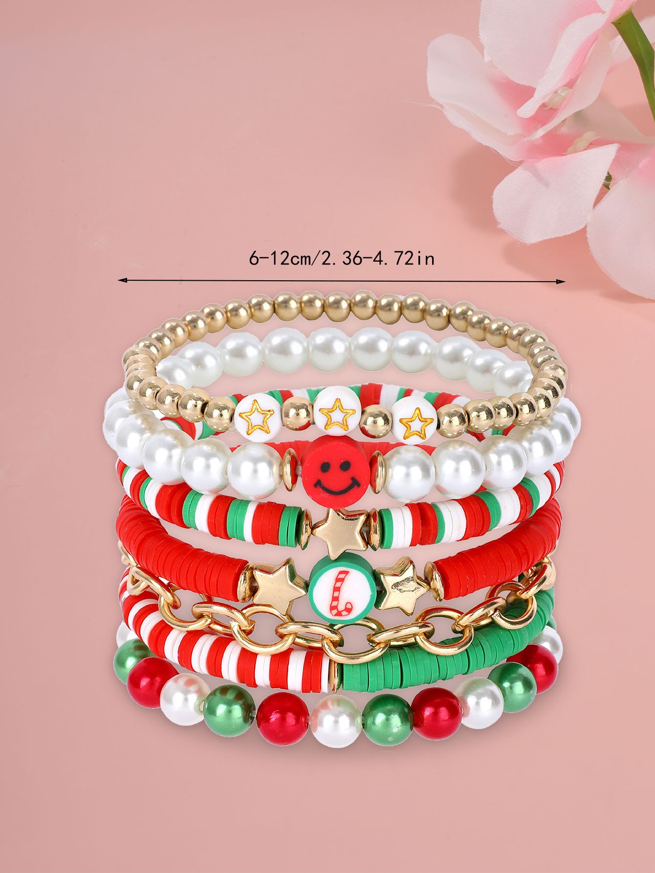 7 Pieces Christmas Soft Ceramic Zinc Alloy Smiley Star Handmade Beaded Elastic Adjustable Fashion Bracelet Set