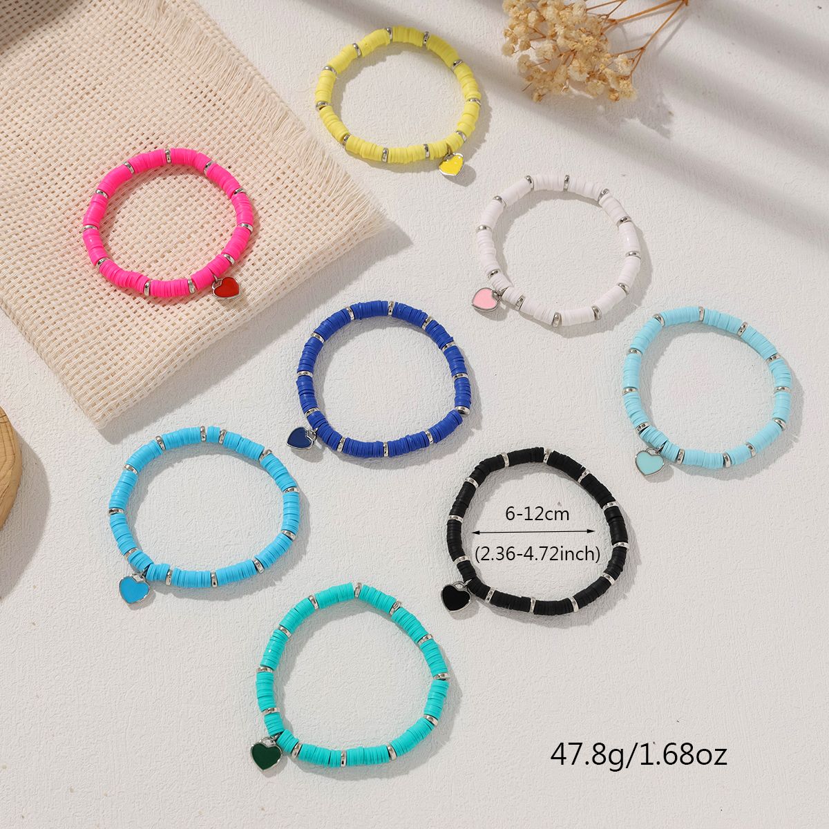 8 Pieces Valentine's Day Soft Ceramic Zinc Alloy Heart Handmade Beaded Elastic Adjustable Simple Fashion Bracelet Set