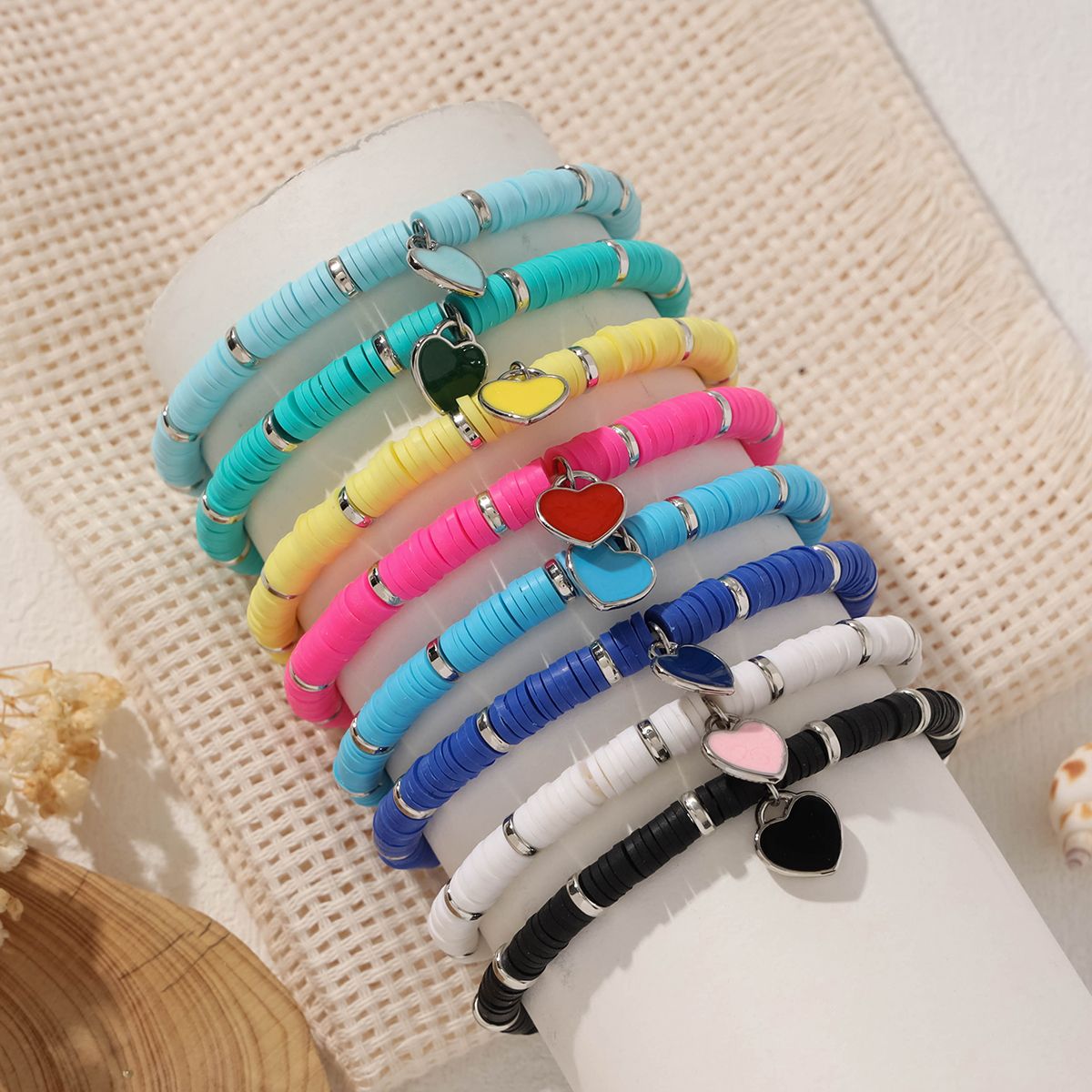 8 Pieces Valentine's Day Soft Ceramic Zinc Alloy Heart Handmade Beaded Elastic Adjustable Simple Fashion Bracelet Set