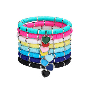 8 Pieces Valentine's Day Soft Ceramic Zinc Alloy Heart Handmade Beaded Elastic Adjustable Simple Fashion Bracelet Set