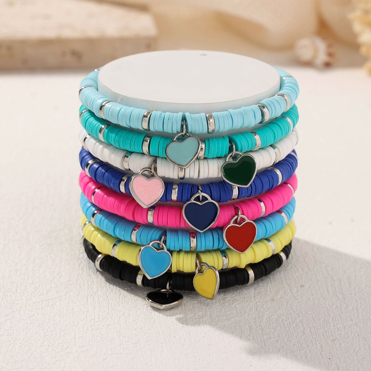 8 Pieces Valentine's Day Soft Ceramic Zinc Alloy Heart Handmade Beaded Elastic Adjustable Simple Fashion Bracelet Set