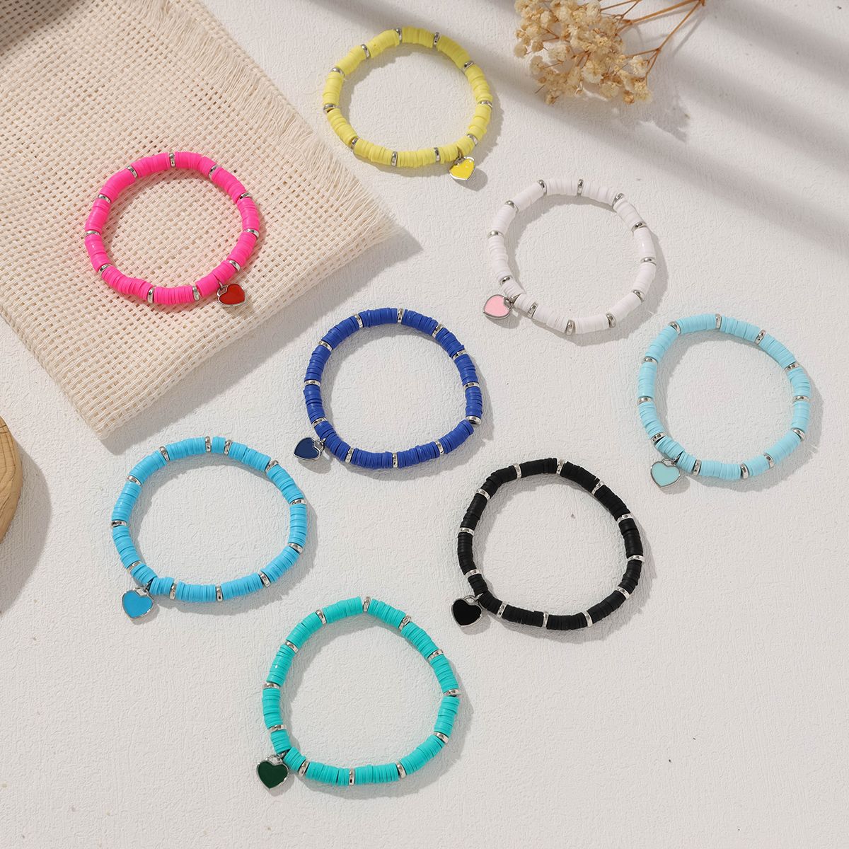 8 Pieces Valentine's Day Soft Ceramic Zinc Alloy Heart Handmade Beaded Elastic Adjustable Simple Fashion Bracelet Set