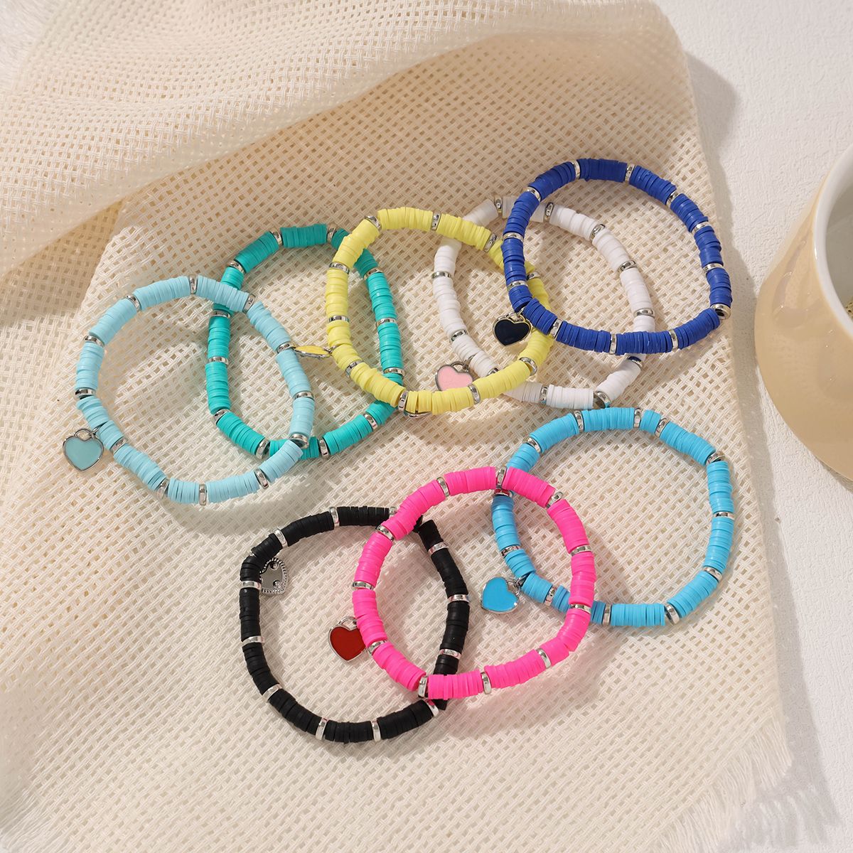 8 Pieces Valentine's Day Soft Ceramic Zinc Alloy Heart Handmade Beaded Elastic Adjustable Simple Fashion Bracelet Set