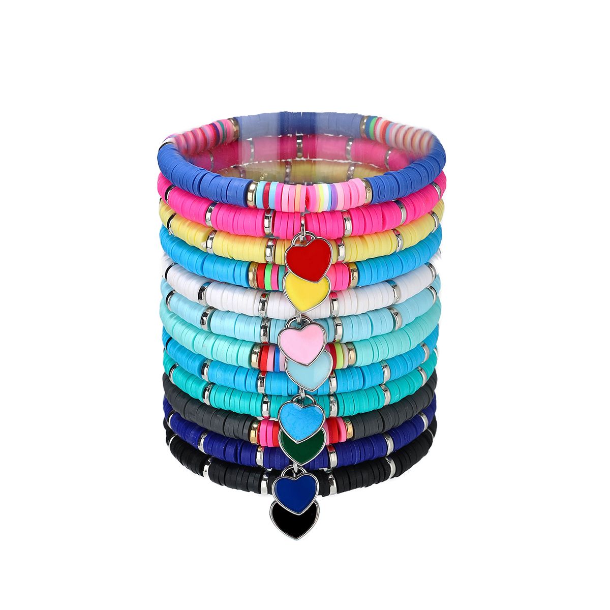 12 Pieces Valentine's Day Soft Ceramic Zinc Alloy Heart Handmade Beaded Elastic Adjustable Fashion Bracelet Set