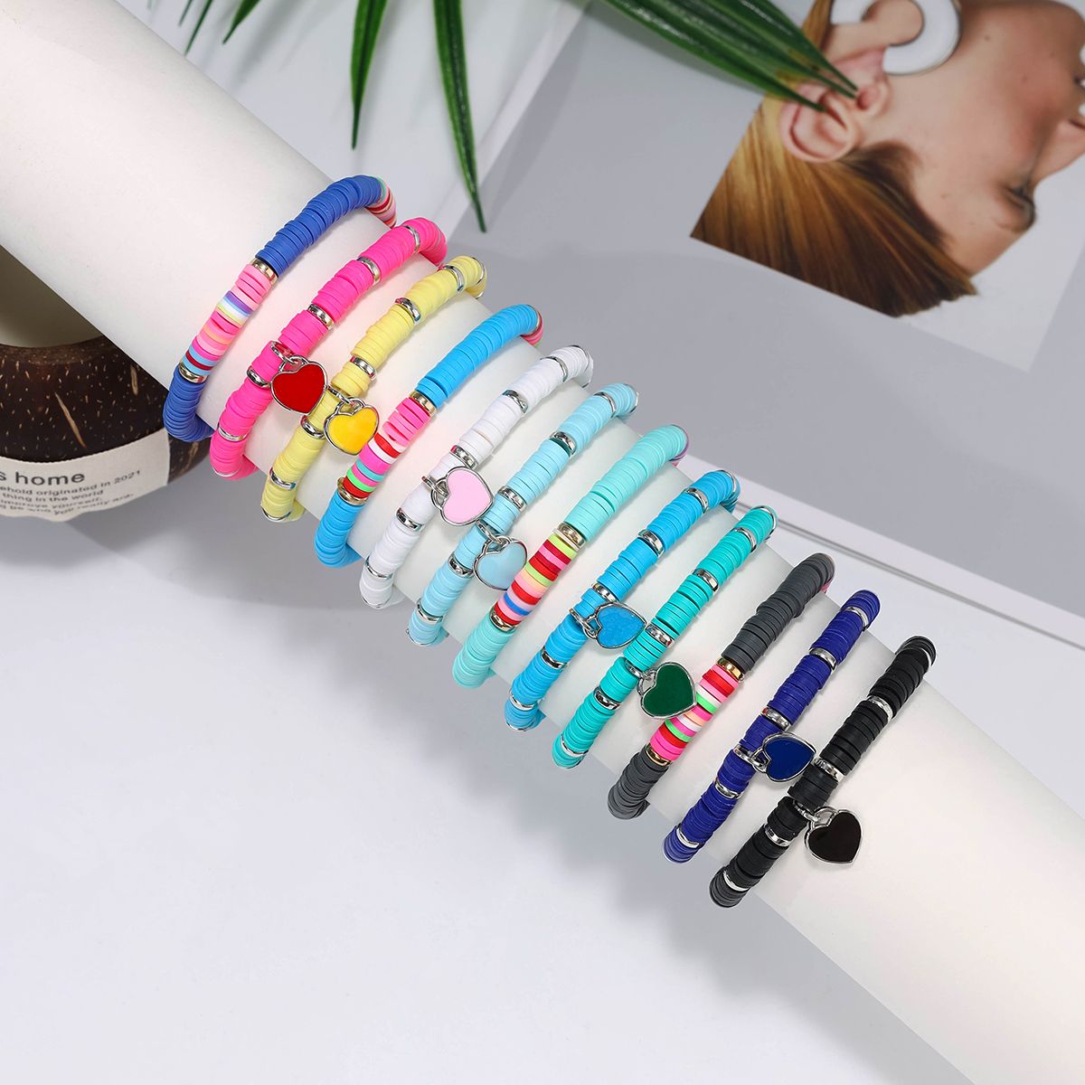 12 Pieces Valentine's Day Soft Ceramic Zinc Alloy Heart Handmade Beaded Elastic Adjustable Fashion Bracelet Set