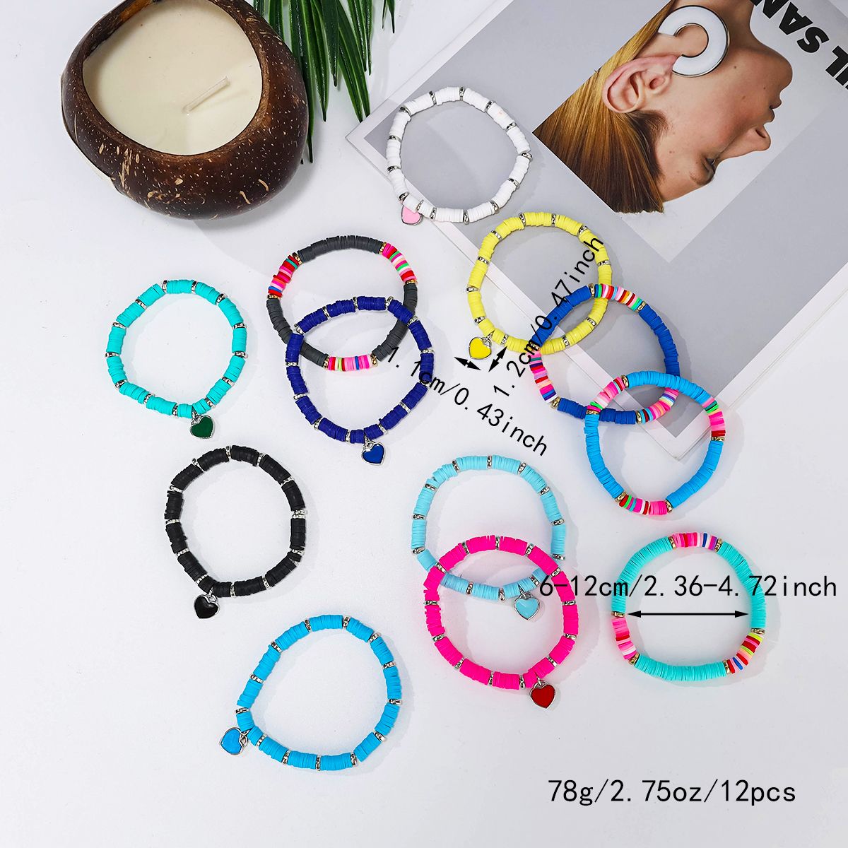 12 Pieces Valentine's Day Soft Ceramic Zinc Alloy Heart Handmade Beaded Elastic Adjustable Fashion Bracelet Set