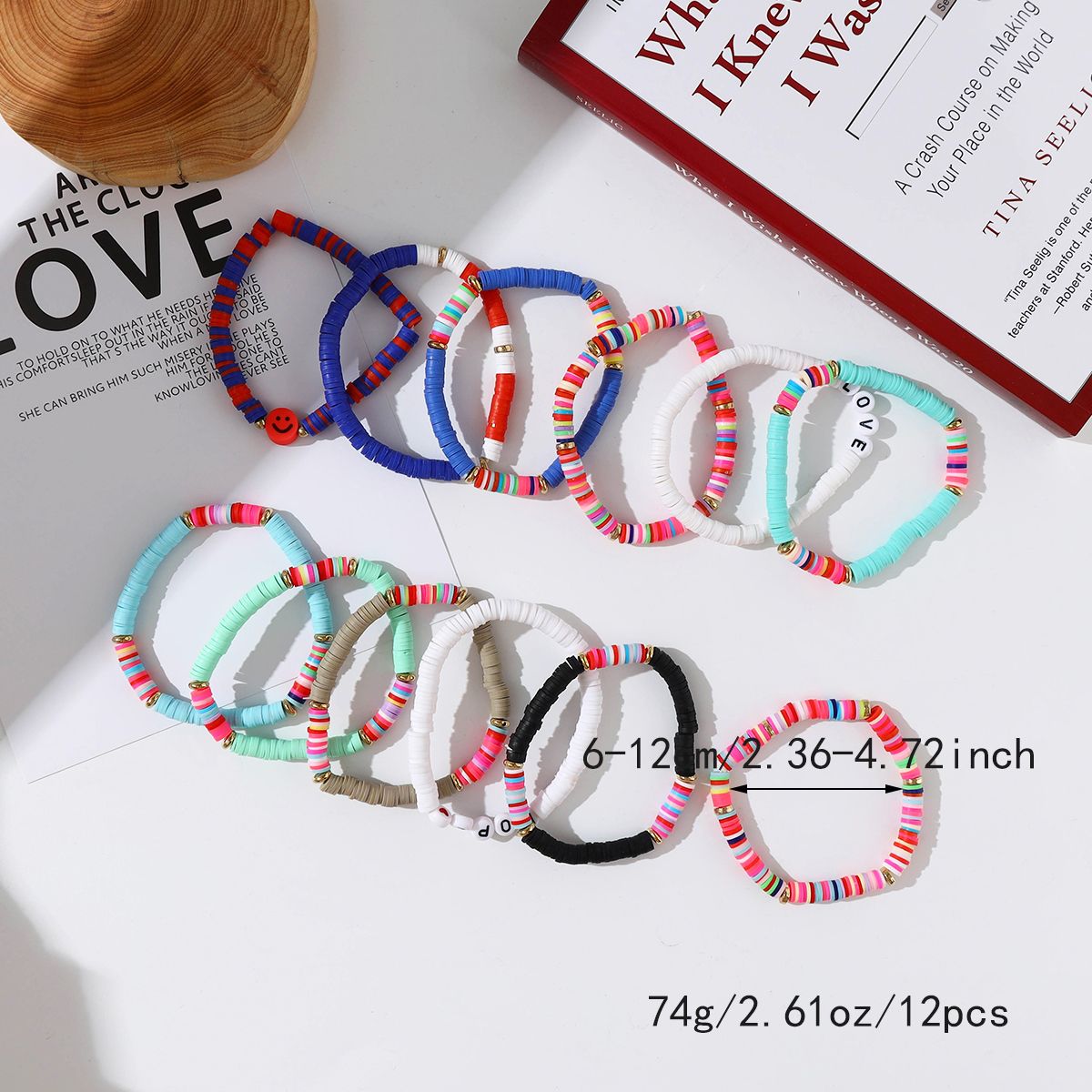 12 Pieces Valentine's Day Soft Ceramic Zinc Alloy Smiley Alphabet Handmade Beaded Elastic Adjustable Fashion Bracelet Set