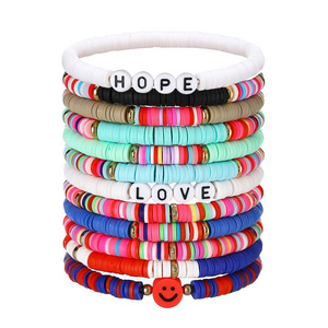 12 Pieces Valentine's Day Soft Ceramic Zinc Alloy Smiley Alphabet Handmade Beaded Elastic Adjustable Fashion Bracelet Set