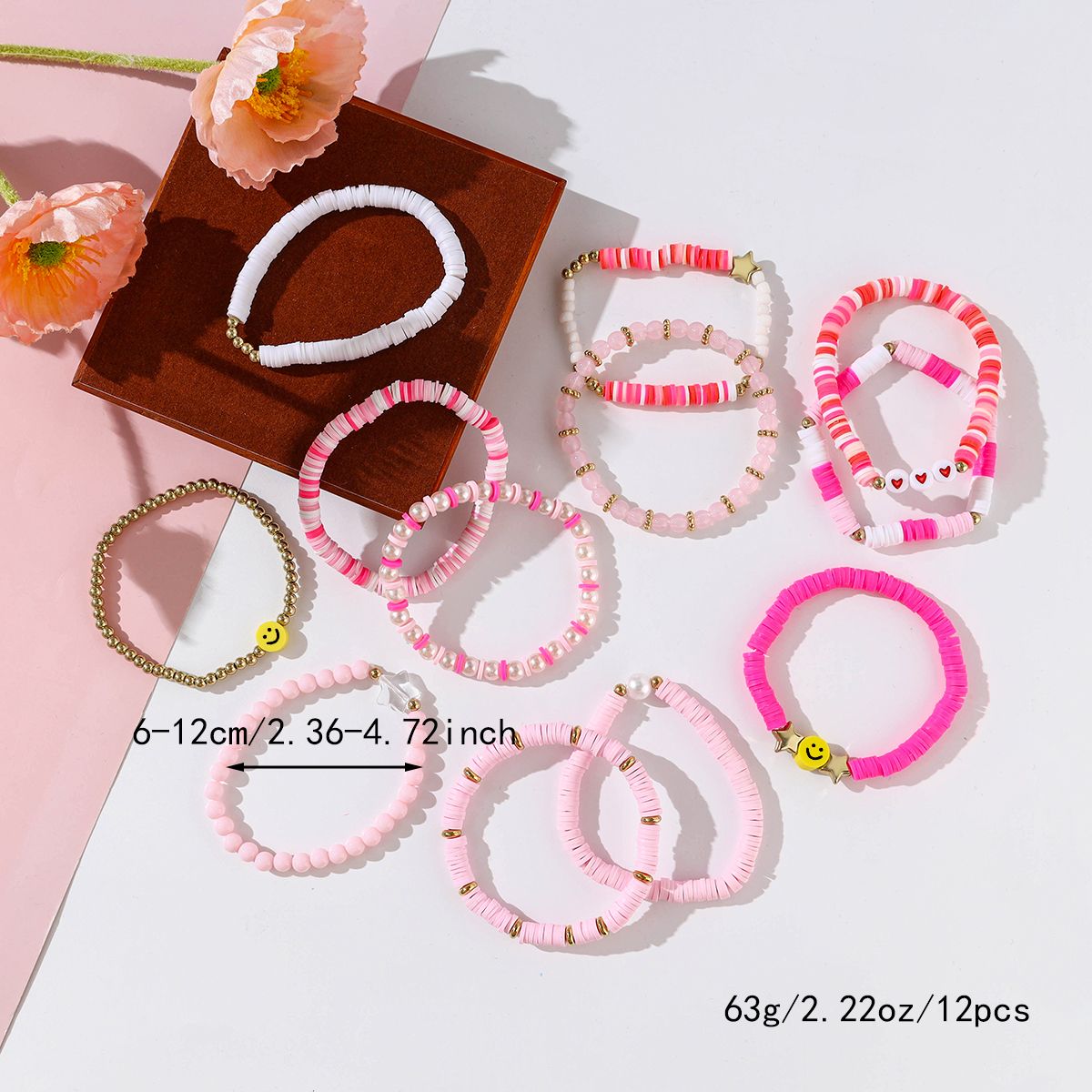 12 Pieces Valentine's Day Soft Ceramic Zinc Alloy Smiley Heart Handmade Beaded Elastic Adjustable Fashion Bracelet Set