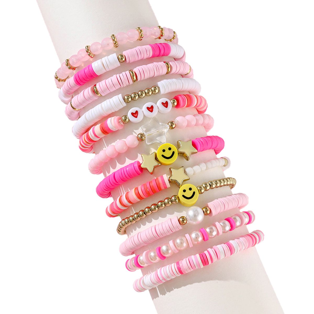 12 Pieces Valentine's Day Soft Ceramic Zinc Alloy Smiley Heart Handmade Beaded Elastic Adjustable Fashion Bracelet Set