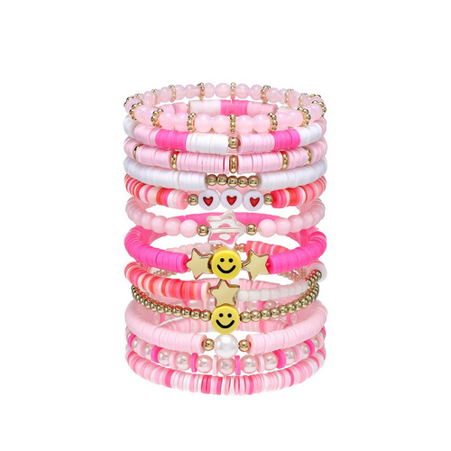 12 Pieces Valentine's Day Soft Ceramic Zinc Alloy Smiley Heart Handmade Beaded Elastic Adjustable Fashion Bracelet Set