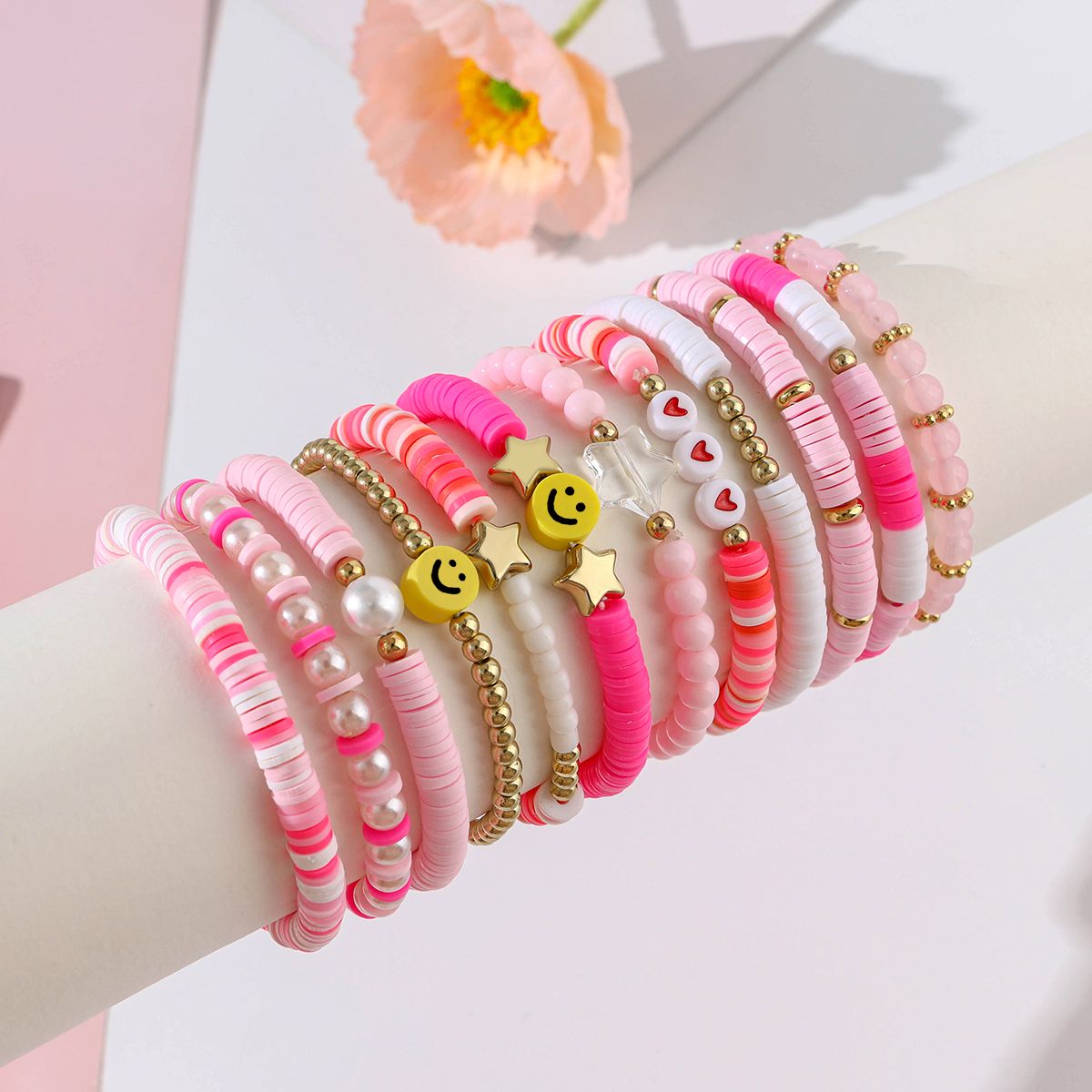 12 Pieces Valentine's Day Soft Ceramic Zinc Alloy Smiley Heart Handmade Beaded Elastic Adjustable Fashion Bracelet Set