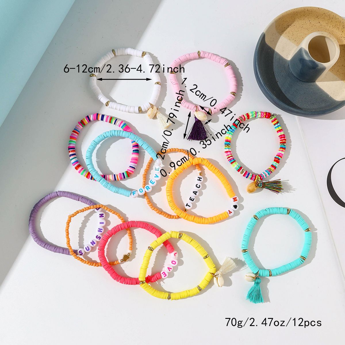 12 Pieces Valentine's Day Soft Ceramic Zinc Alloy Shell Alphabet Handmade Beaded Elastic Adjustable Fashion Bracelet Set