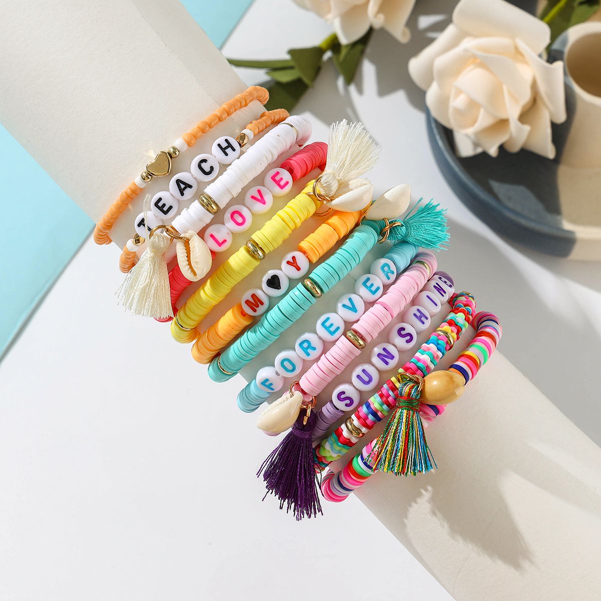 12 Pieces Valentine's Day Soft Ceramic Zinc Alloy Shell Alphabet Handmade Beaded Elastic Adjustable Fashion Bracelet Set