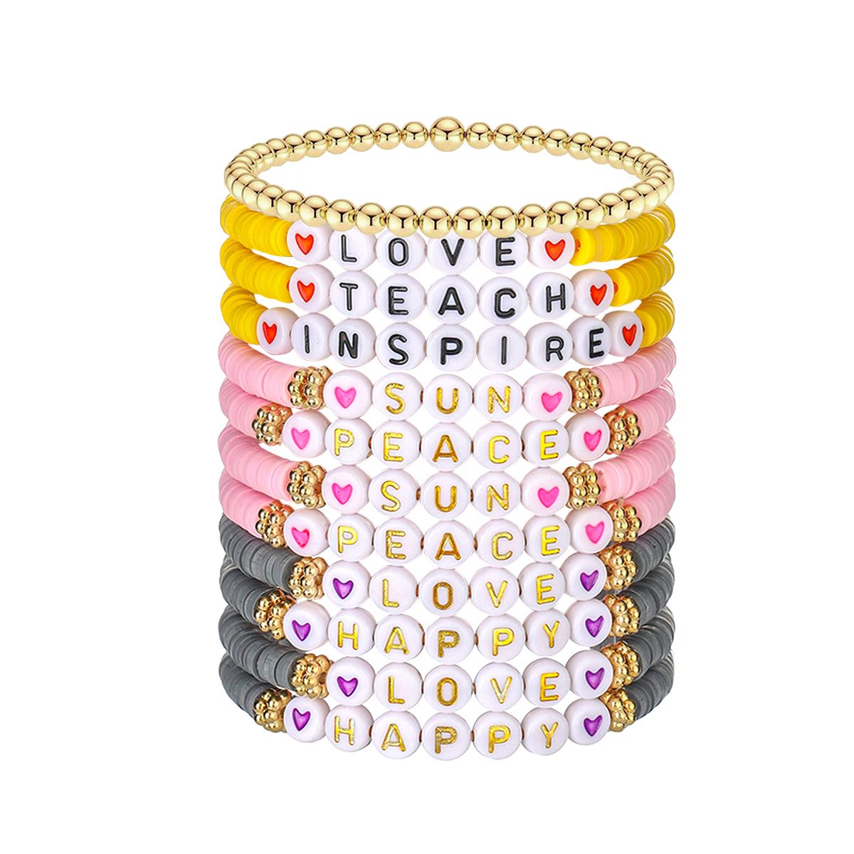 12 Pieces Valentine's Day Soft Ceramic Zinc Alloy Alphabet Handmade Beaded Elastic Adjustable Fashion Bracelet Set