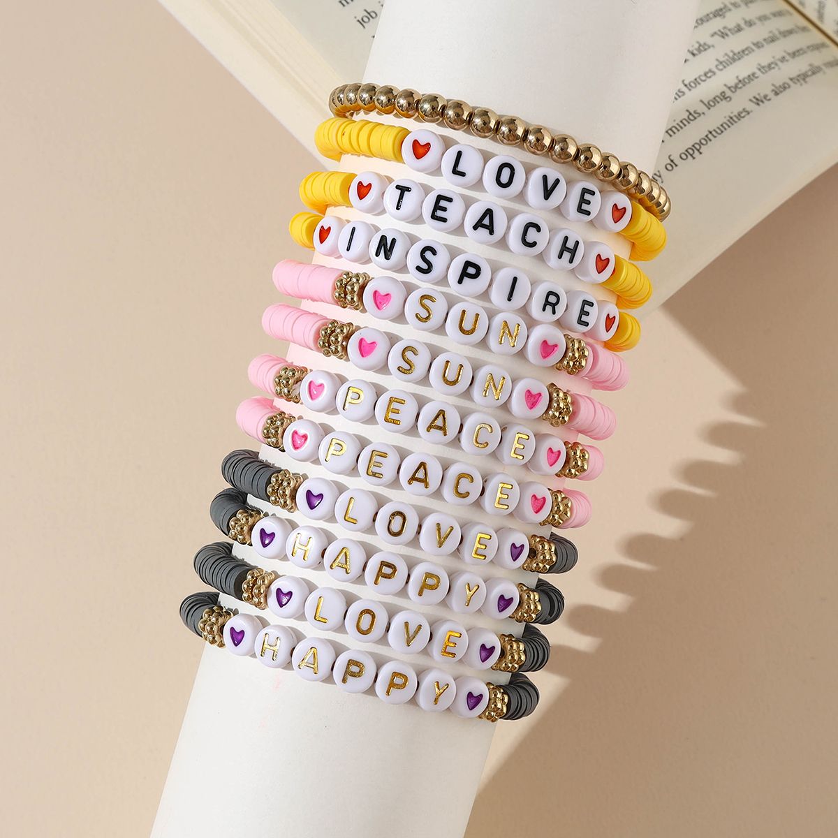 12 Pieces Valentine's Day Soft Ceramic Zinc Alloy Alphabet Handmade Beaded Elastic Adjustable Fashion Bracelet Set