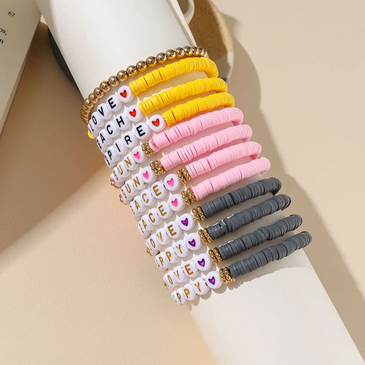 12 Pieces Valentine's Day Soft Ceramic Zinc Alloy Alphabet Handmade Beaded Elastic Adjustable Fashion Bracelet Set