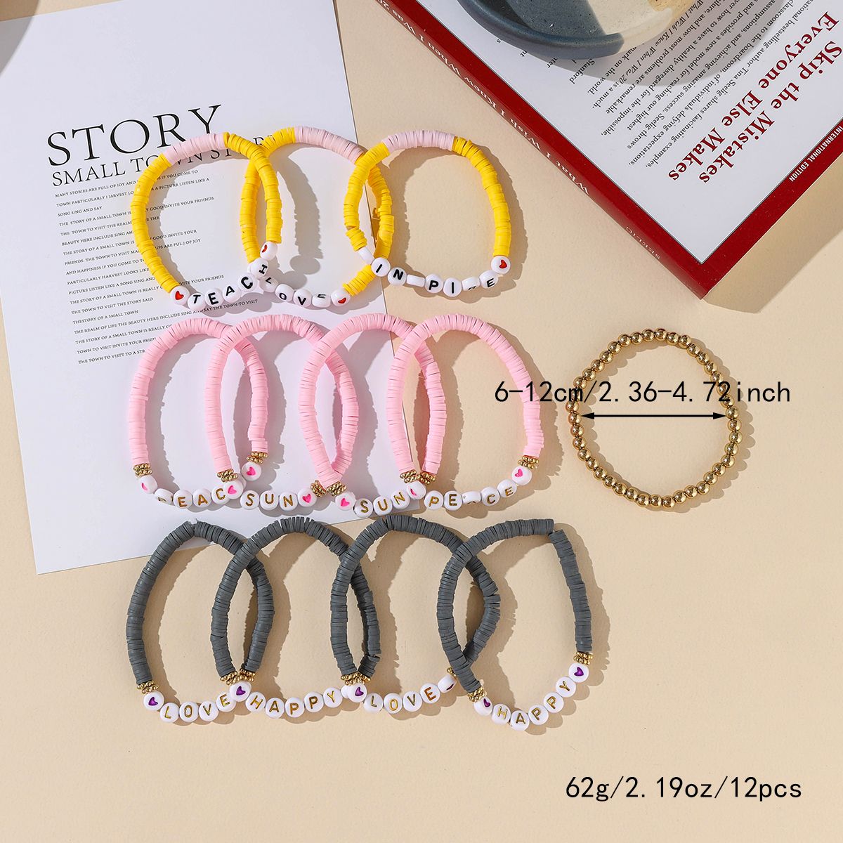 12 Pieces Valentine's Day Soft Ceramic Zinc Alloy Alphabet Handmade Beaded Elastic Adjustable Fashion Bracelet Set