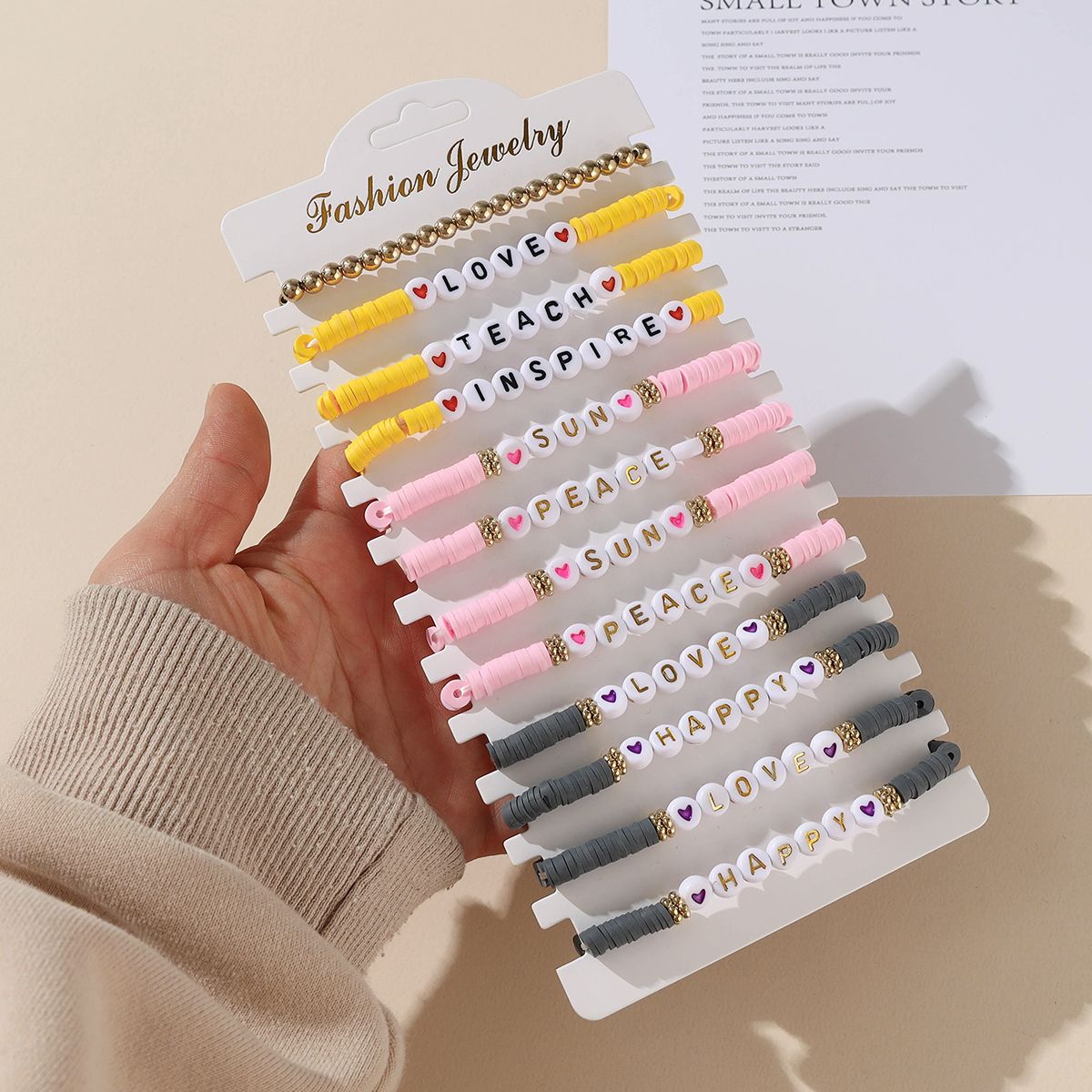 12 Pieces Valentine's Day Soft Ceramic Zinc Alloy Alphabet Handmade Beaded Elastic Adjustable Fashion Bracelet Set