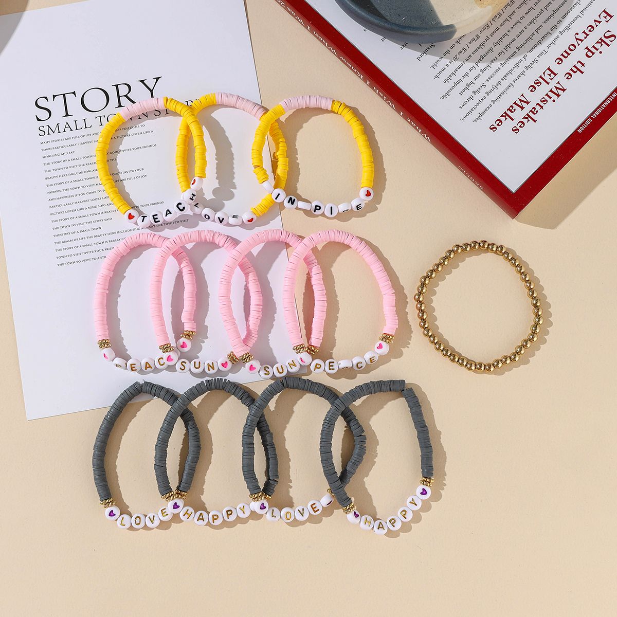 12 Pieces Valentine's Day Soft Ceramic Zinc Alloy Alphabet Handmade Beaded Elastic Adjustable Fashion Bracelet Set