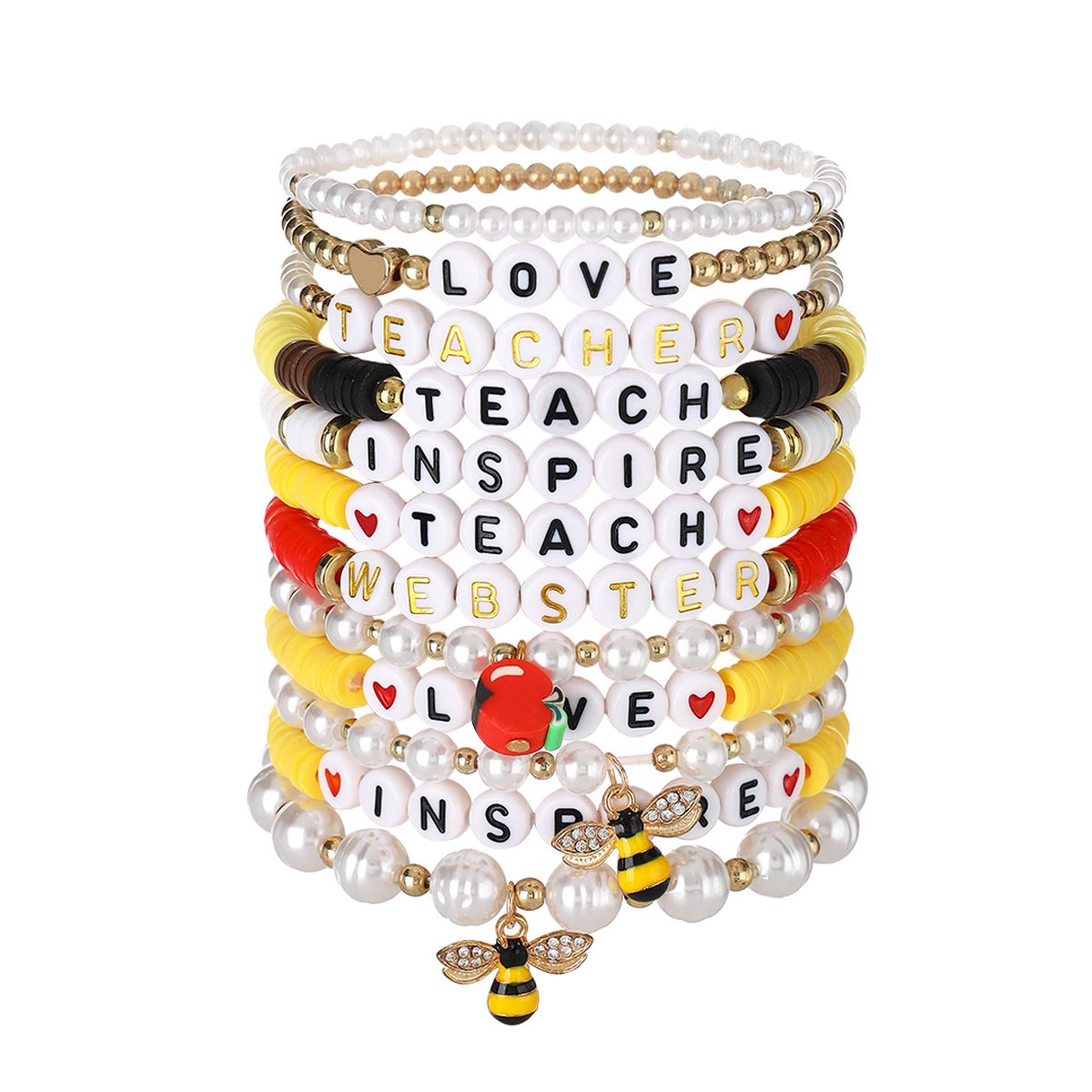 12 Pieces Valentine's Day Soft Ceramic Zinc Alloy Bee Apple Handmade Beaded Elastic Adjustable Fashion Bracelet Set